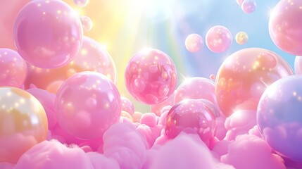 Wall Mural -  A sky filled with pink and yellow balloons atop blue-pink clouds Sun shines brightly above, backdrop includes balloon-dotted background