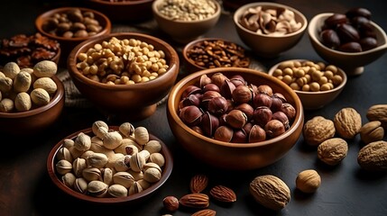 Assortment of nuts in wooden bowls on dark background, closeup