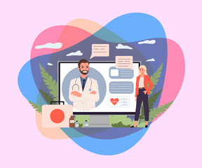 Poster - Patient and doctor talking online. Computer, monitor, video call flat vector illustration. Healthcare, communication, internet app concept for banner, website design or landing web page