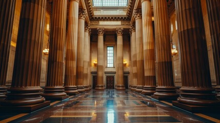 Wall Mural -  A large building features a room with columns, a skylight, and a checkerboard floor The middle of the room boasts a checkerboard pattern