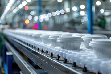 Automated production line in a factory manufacturing plastic containers. Industrial machinery working in a modern manufacturing facility.