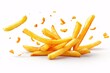 © ckybe - Golden fried potato chips on a clear white background with sharp focus.