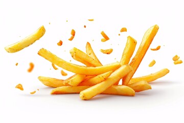 Golden fried potato chips on a clear white background with sharp focus.