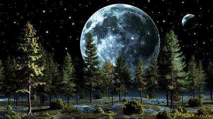 Wall Mural -  A full moon in the night sky, surrounded by trees in the foreground, and stars filling the mid-background
