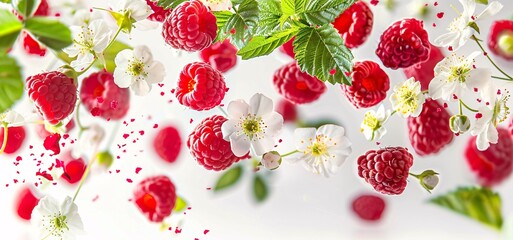 Wall Mural - Luscious berries and blossoms in the air against a blank backdrop.