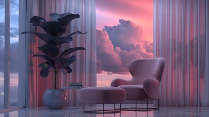Wall Mural -  A chair and table before a pink-tinted window, framed by clouds in a rosy sky Foreground holds a pink chair and a pristine white vase with a planted