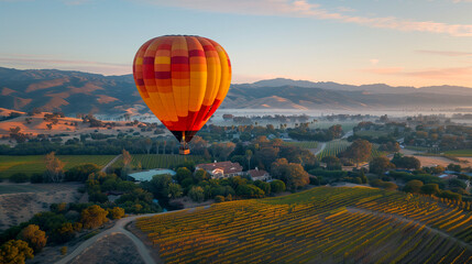 Sticker - A hot air balloon soaring over a picturesque vineyard at dawn,