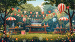 © Yotsaran - 2D flat style graphic showing a barbecue party with Independence Day decorations, including flags and fireworks