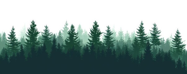 Wall Mural - Forest blackforest  illustration banner landscape panorama - Green silhouette of spruce and fir trees, isolated on white background, Generative AI