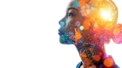 Poster - Double exposure side profile of an AI expert with Bitcoin logo and blockchain elements in vibrant colors, set against a white background