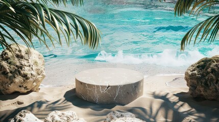 Wall Mural - Highlight the allure of tropical paradises with an image showcasing a sandy beach and crystal-clear sea backdrop, accented by an abstract stone podium, providing an elegant display.