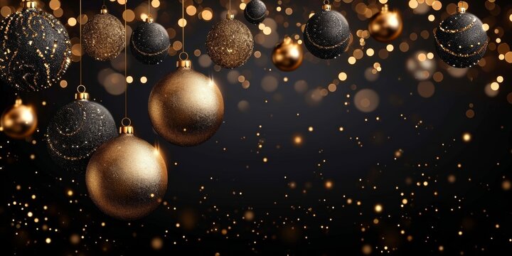 Christmas celebration decoration holiday banner template greeting card  - Group of hanging gold black baubles ornaments and bokeh lights, black background (Generative, Generative AI