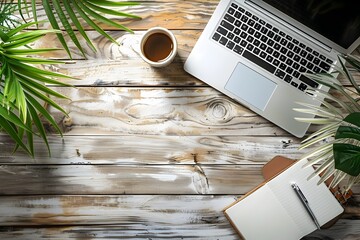 Poster - professional minimalist desk setup with laptop notebook and lush greenery promoting productivity and