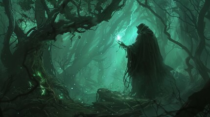 Warlock casting a shadowy spell in a haunted forest