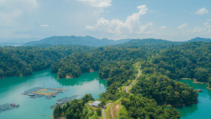 Aerial drone view of Kenyir Lake or Tasik Kenyir which is located at Kuala Berang in Hulu Terengganu, Terengganu, Malaysia