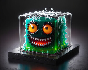 Poster - funny jelly monster in the form of a cube on the table. Generated AI.