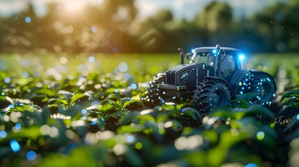 Poster - autonomous agricultural machinery efficiently harvesting crops in a smart farm showcasing technologi
