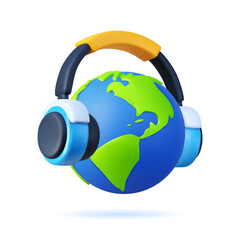 Communication technology. Global connection. 3D Earth planet with headphones. Listen to music. Conversation hearing with sound headset. International contact. Internet podcast. Vector render globe