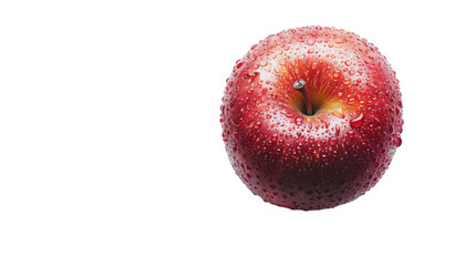 A ripe red apple glistens with water droplets on its surface