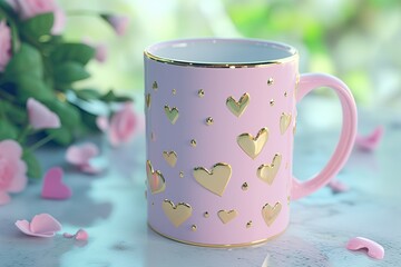 Wall Mural - AI generated illustration of a cup adorned with gold hearts, surrounded by delicate flowers