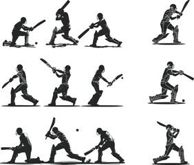 Set of batsman silhouette playing cricket on the field. Black and white