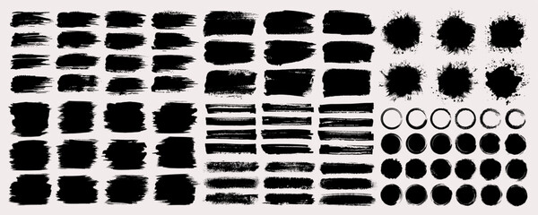 Ink brush stroke background or grunge paint brush, box, frame and line collection as vector design element. Torn or rip paper, watercolor splash, black silhouette or dirty texture set. Banner clip art
