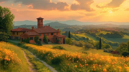 Canvas Print - AI generated illustration of a scenic road in lush greenery with building in the distance at sunset