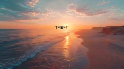 Wall Mural - Drone Capturing Stunning Coastal Sunset Over Tranquil Beach with Gentle Waves