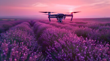 Canvas Print - Drone Capturing Vibrant Purple Lavender Field at Ethereal Sunset