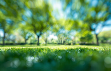 Wall Mural - Beautiful blurred background of spring nature with green grass and trees on the lawn in a park or garden under a blue sky. Summer concept, in the style of an impressionist artist. 