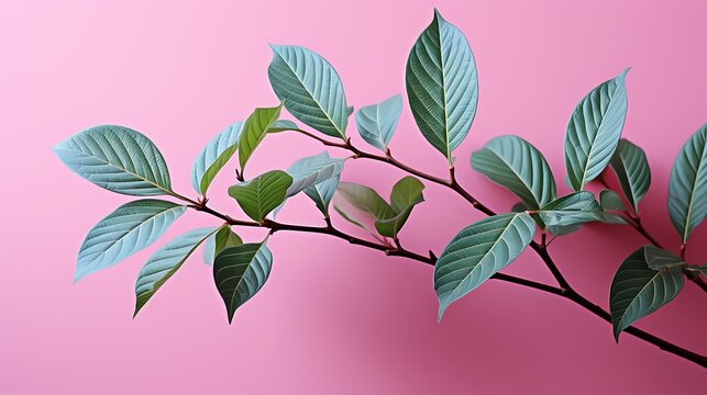 A detailed green leaf with smooth edges, isolated on a solid light pink background#2 @BAN ME?