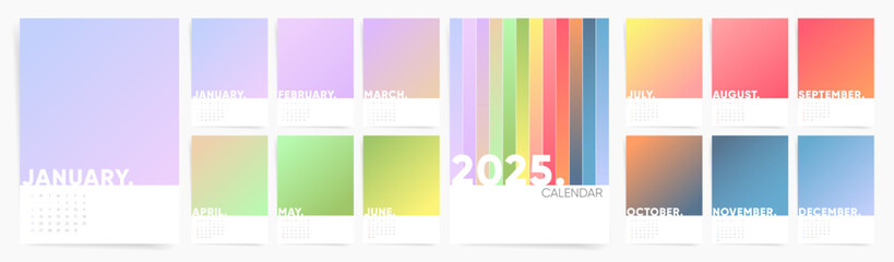 Wall Mural - 2025 Gradient Desk Calendar Template - Colorful and Minimal Monthly Planner with Creative Layout, Editable A4 Vertical Grid for Wall, Table, or Business Use - January to December Set.	