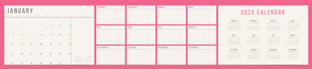 Wall Mural - Calendar Template for 2025 year. Week starts on Sunday. Simple aesthetic elegant style. Work or business pink calendar. 2024 calendar in minimalist style. English vector calendar for 2024 year.	
