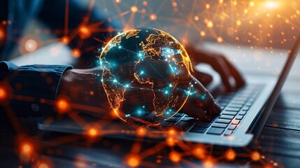Poster - Typing on laptop, glowing globe
