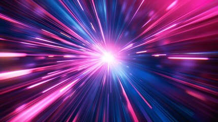 Wall Mural - vibrant pink and navy blue light streaks converge in a sci-fi warp speed effect, creating a bright c