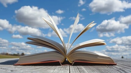 Wall Mural -  A book opens on a wooden table beneath a blue sky dotted with puffy, white clouds