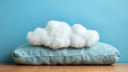 Wall Mural -  A pillow topped with a cloud on a wooden table Blue walls behind and surrounding, adorned with white clouds in the backdrop