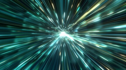 Wall Mural - futuristic warp speed scene with graystone, teal, and emerald light streaks merging into a vibrant c