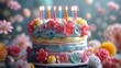 © Koko Art Studio - Birthday or christmas cake decorated with colorful sweet flower candle, poured with chocolate, happy romantic floral background. 3d modern digital art illustration, festive season holiday anniversary