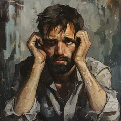 Wall Mural - Portrait of a man with a beard and his hands on his head