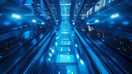 A sleek, blue elevator ascending in a futuristic skyscraper, with city lights twinkling in the background