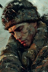 Wall Mural - A soldier wearing a military uniform and a camouflage hat with a sad expression on his face