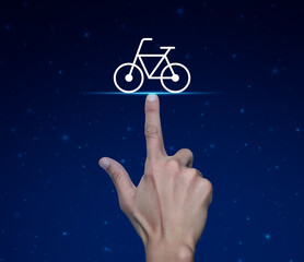 Sticker - Hand pressing bicycle flat icon over fantasy night sky and moon, Business bicycle service concept