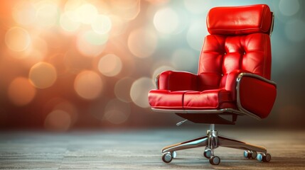 Wall Mural -  A red leather office chair sits atop a wooden floor, framed by a hazy background of recessed lights and colorful accent lights