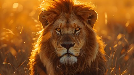 Poster - Majestic Lion With Golden Mane Against Vibrant Sunset in Savanna Landscape