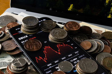 Wall Mural - Various coins and the smartphone on various banknotes