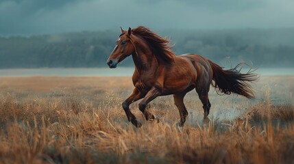 Canvas Print - Majestic Stallion Galloping Across Open Field with Flowing Mane and Tail in Wildlife Portrait Concept