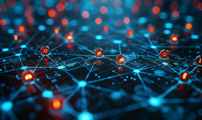 A digital network of interconnected icons represents various marketing cornerstones such as social media, search engine rankings, and e-commerce elements.