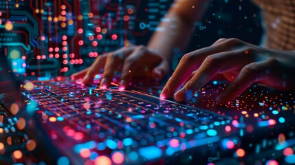 Wall Mural - Person typing on keyboard with colorful light