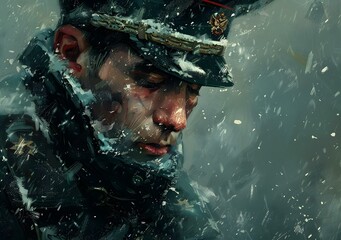 Wall Mural - Portrait of a Russian soldier in a snowy forest